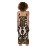 Native American Wolf Spirit Animal Print Slim Fit Midi Cami Dress