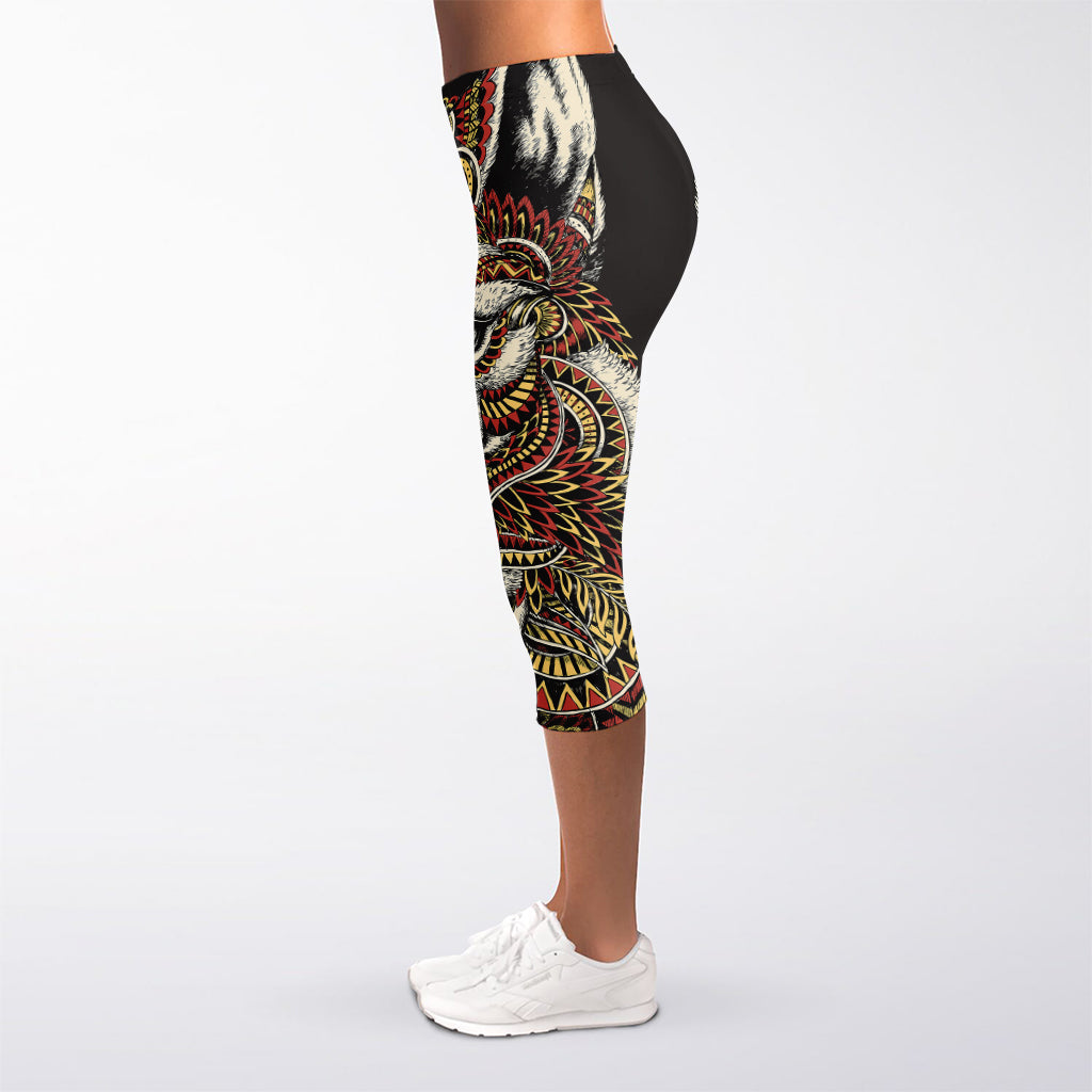 Native American Wolf Spirit Animal Print Women's Capri Leggings