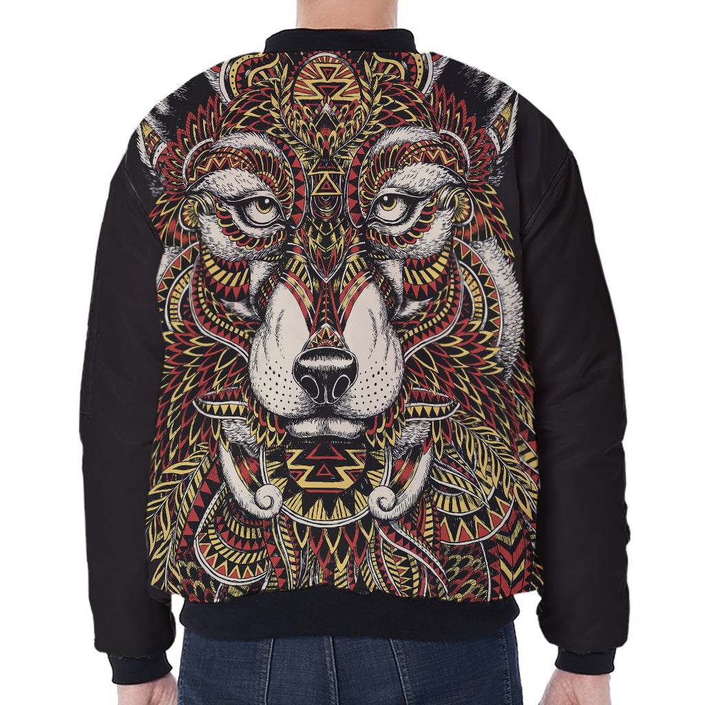 Native American Wolf Spirit Animal Print Zip Sleeve Bomber Jacket