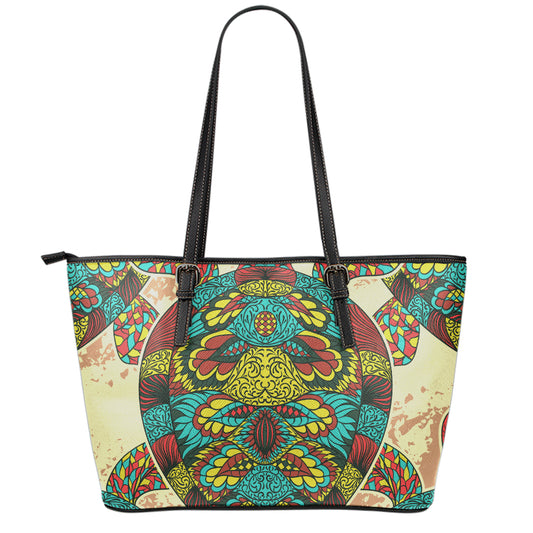 Native Bohemian Sea Turtle Print Leather Tote Bag