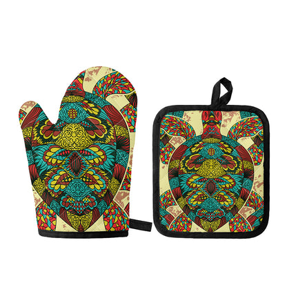 Native Bohemian Sea Turtle Print Oven Mitt And Pot Holder Set