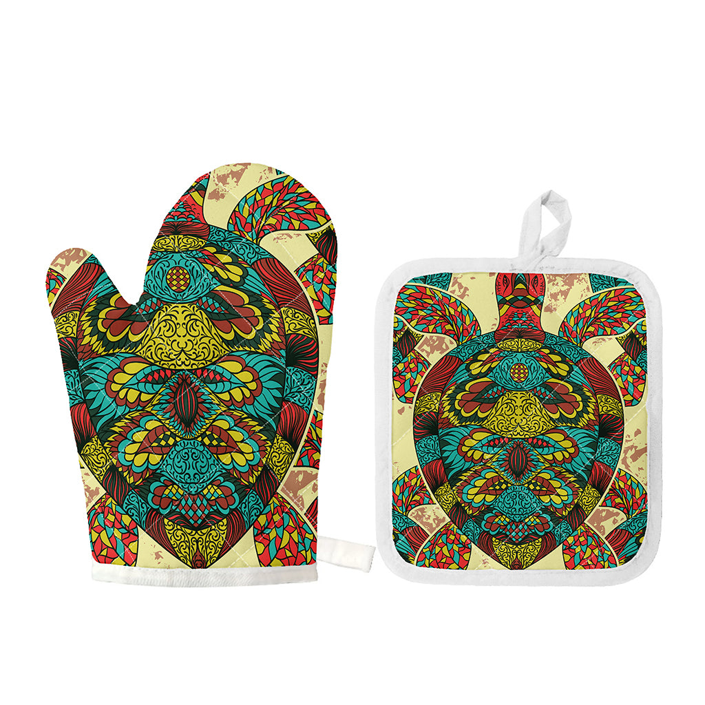 Native Bohemian Sea Turtle Print Oven Mitt And Pot Holder Set