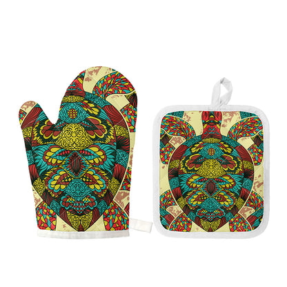 Native Bohemian Sea Turtle Print Oven Mitt And Pot Holder Set