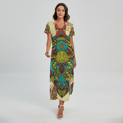 Native Bohemian Sea Turtle Print Short Sleeve Maxi Dress
