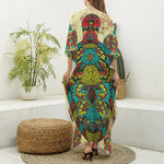 Native Bohemian Sea Turtle Print Silk V-Neck Kaftan Dress