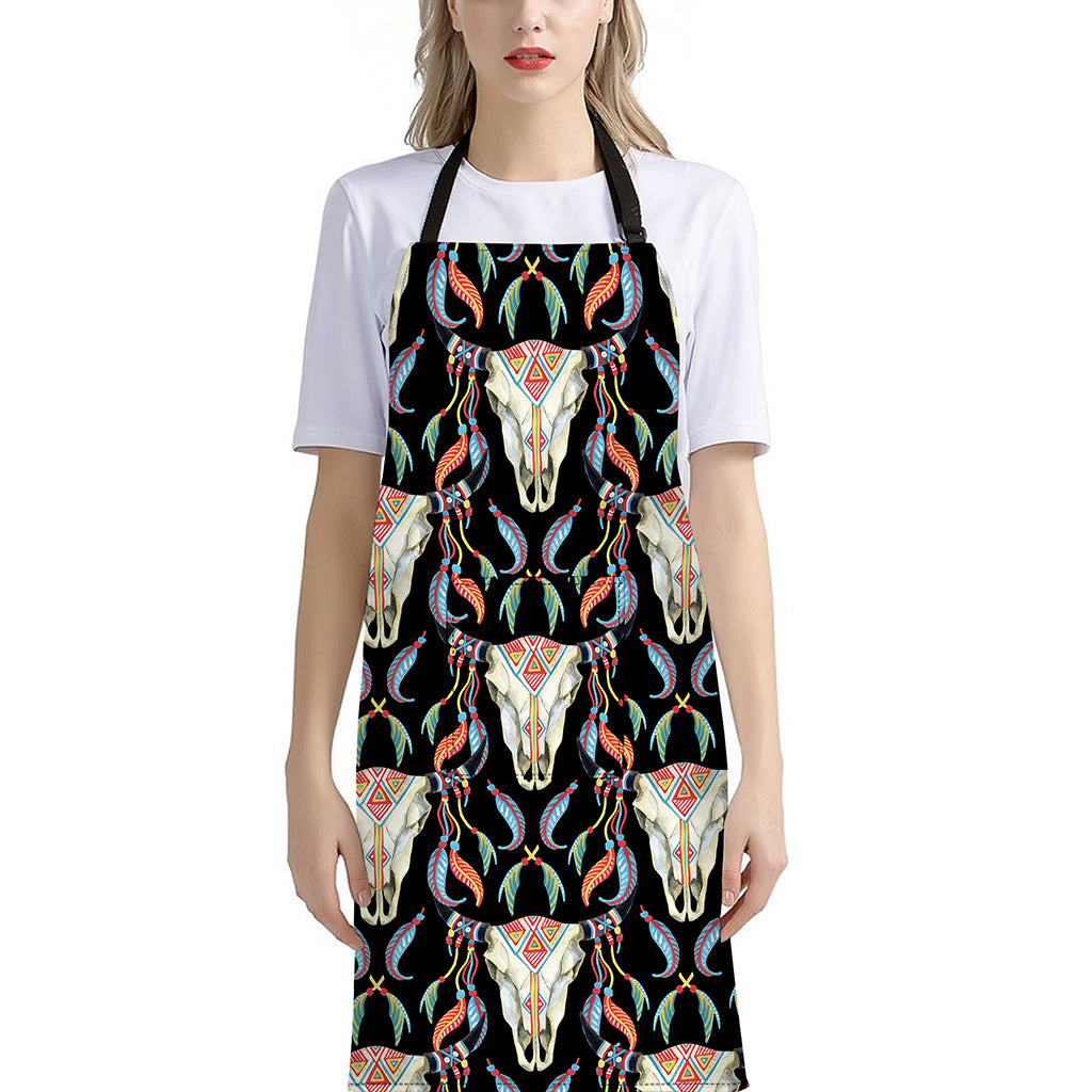 Native Buffalo Pattern Print Bib Apron With Pocket