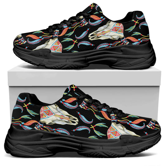 Native Buffalo Pattern Print Black Chunky Shoes