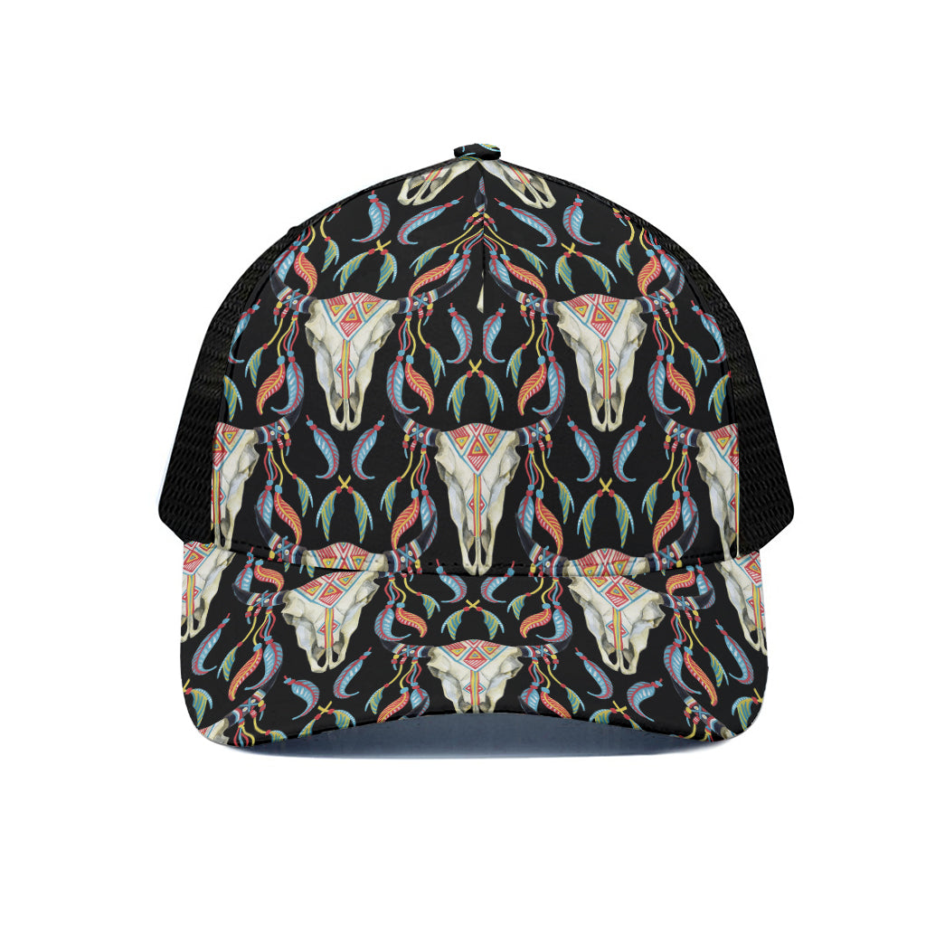 Native Buffalo Pattern Print Black Mesh Trucker Cap