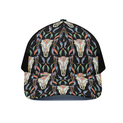 Native Buffalo Pattern Print Black Mesh Trucker Cap