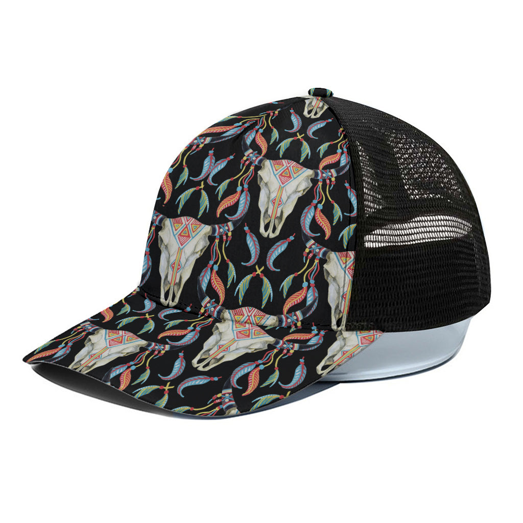 Native Buffalo Pattern Print Black Mesh Trucker Cap