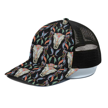 Native Buffalo Pattern Print Black Mesh Trucker Cap
