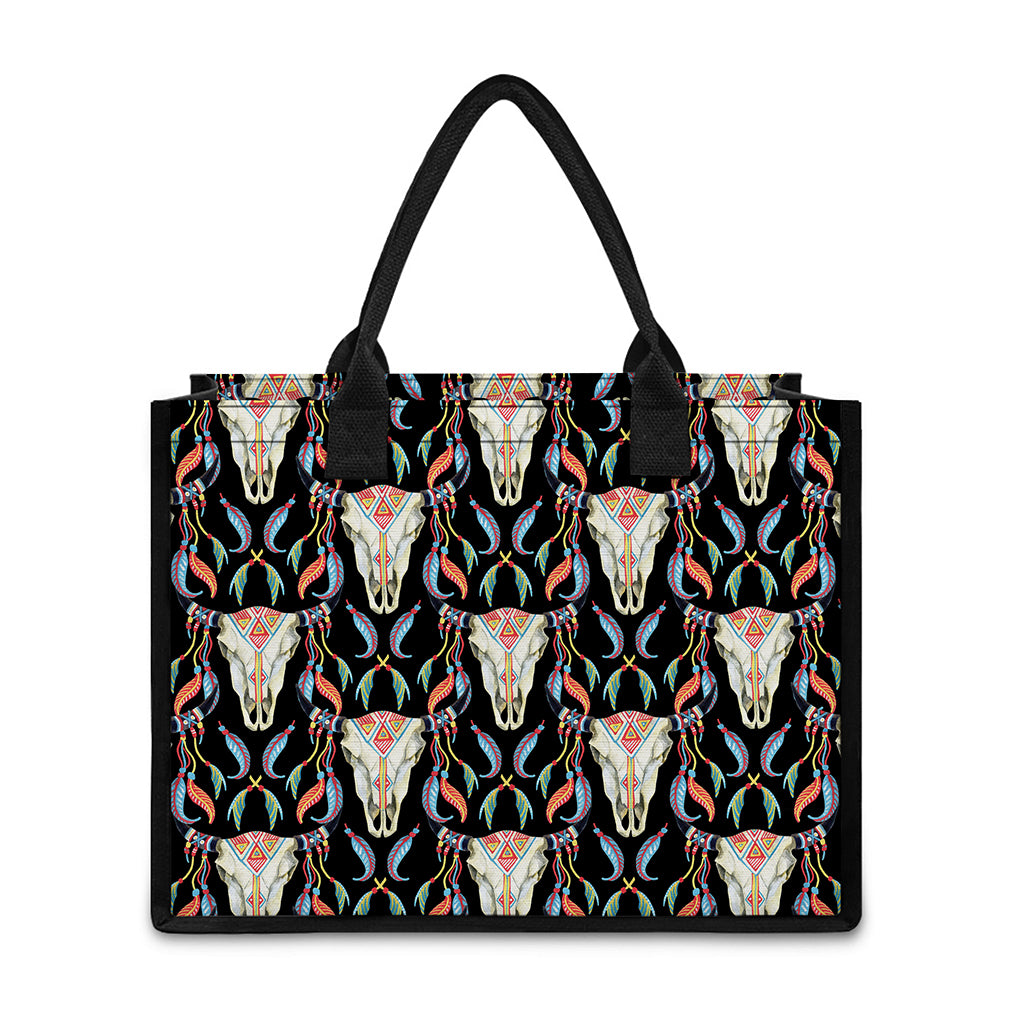 Native Buffalo Pattern Print Canvas Tote Bag