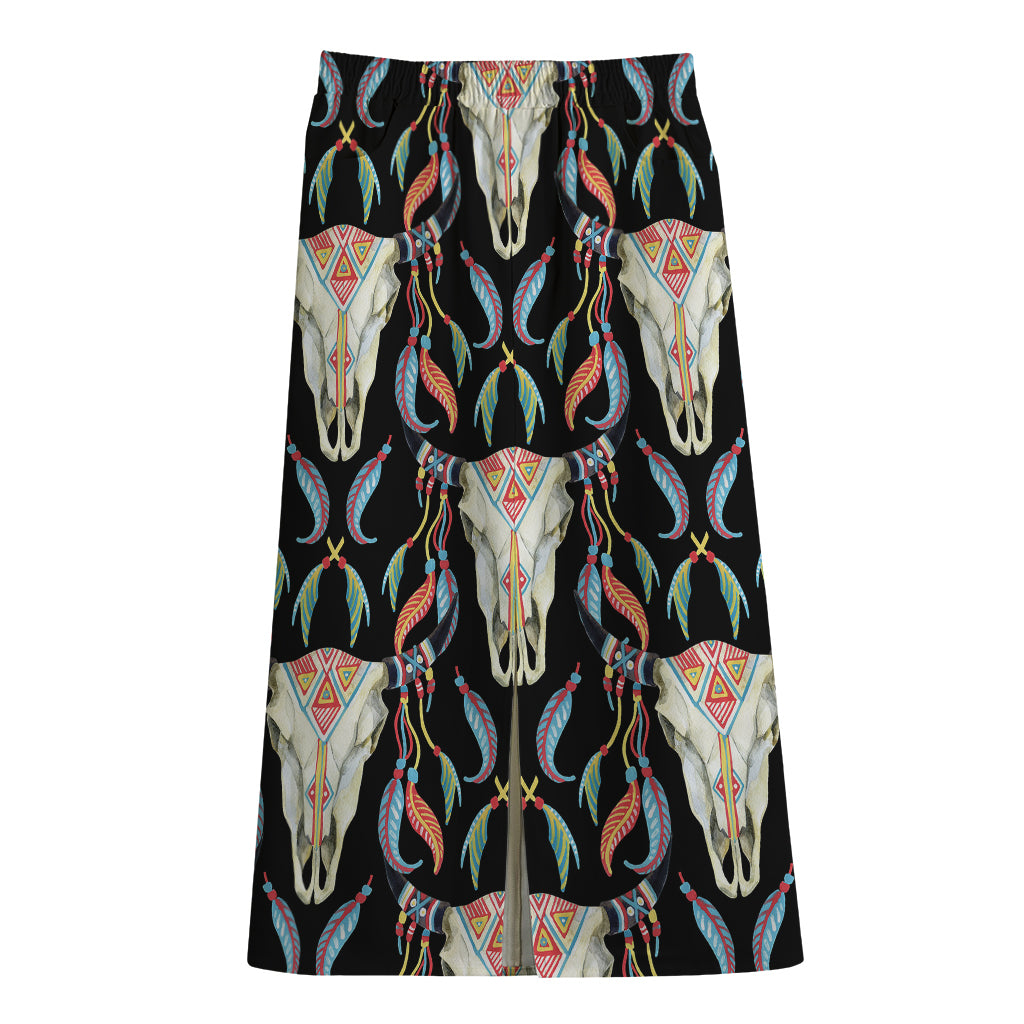 Native Buffalo Pattern Print Cotton Front Slit Maxi Skirt