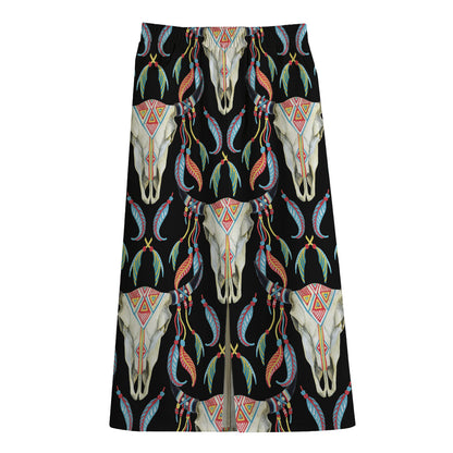 Native Buffalo Pattern Print Cotton Front Slit Maxi Skirt