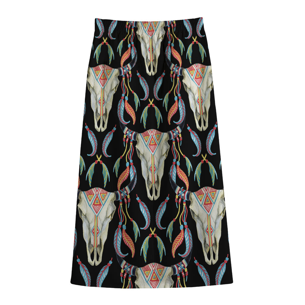 Native Buffalo Pattern Print Cotton Front Slit Maxi Skirt