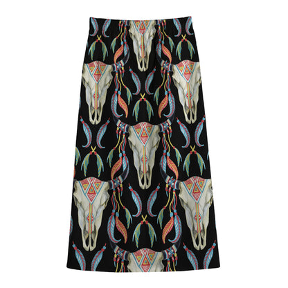 Native Buffalo Pattern Print Cotton Front Slit Maxi Skirt