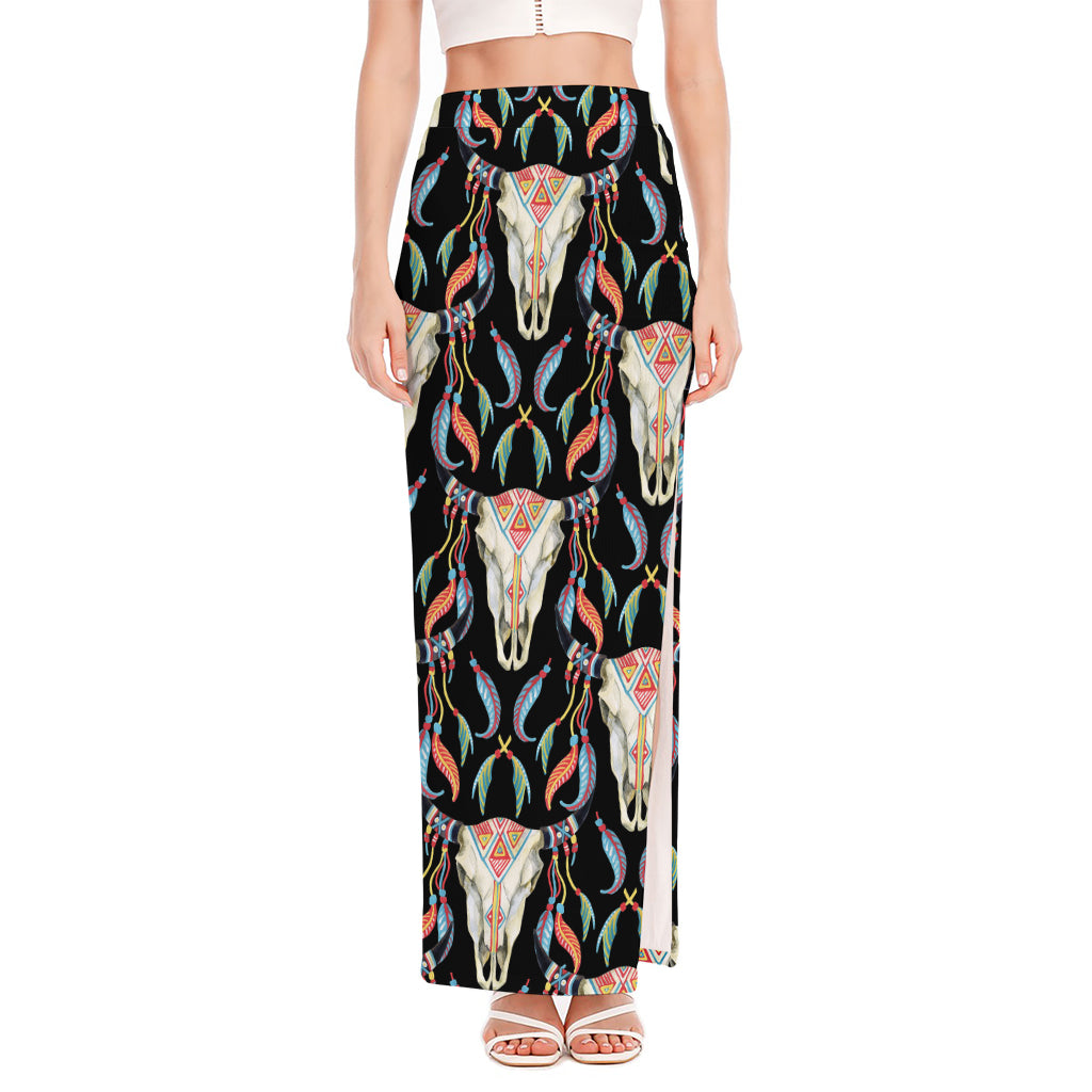 Native Buffalo Pattern Print High Slit Maxi Skirt