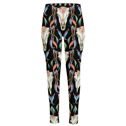 Native Buffalo Pattern Print High-Waisted Pocket Leggings