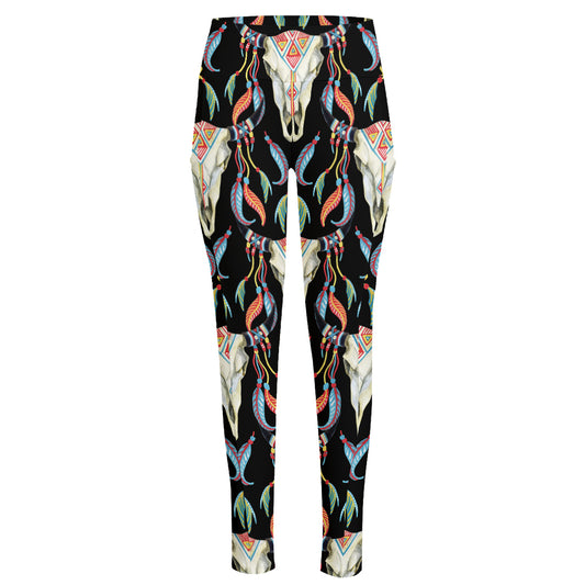 Native Buffalo Pattern Print High-Waisted Pocket Leggings