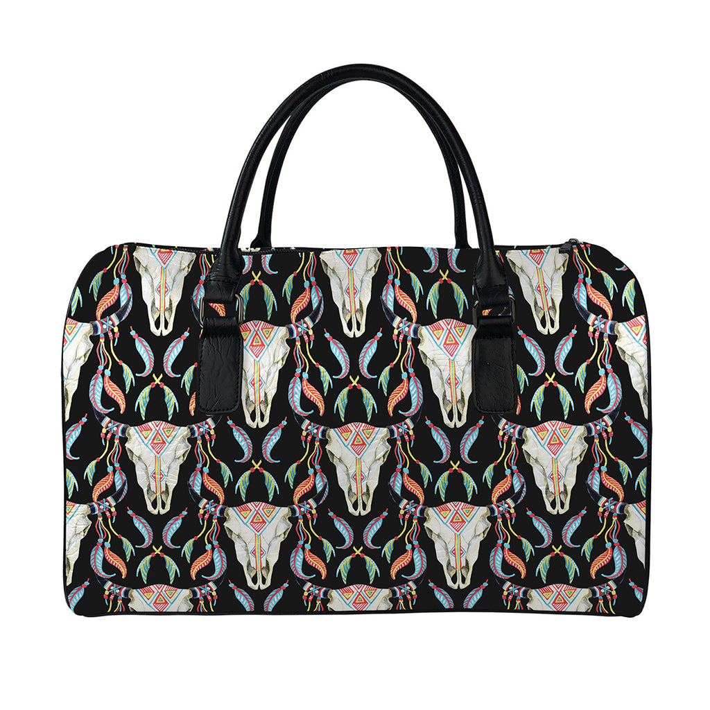 Native Buffalo Pattern Print Leather Duffle Bag