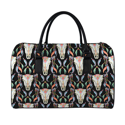 Native Buffalo Pattern Print Leather Duffle Bag