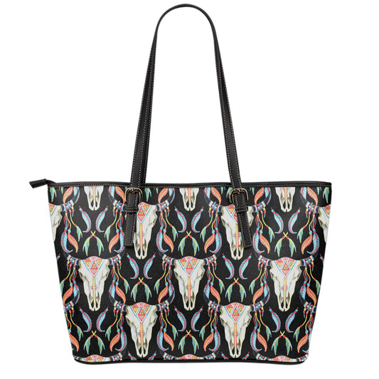 Native Buffalo Pattern Print Leather Tote Bag