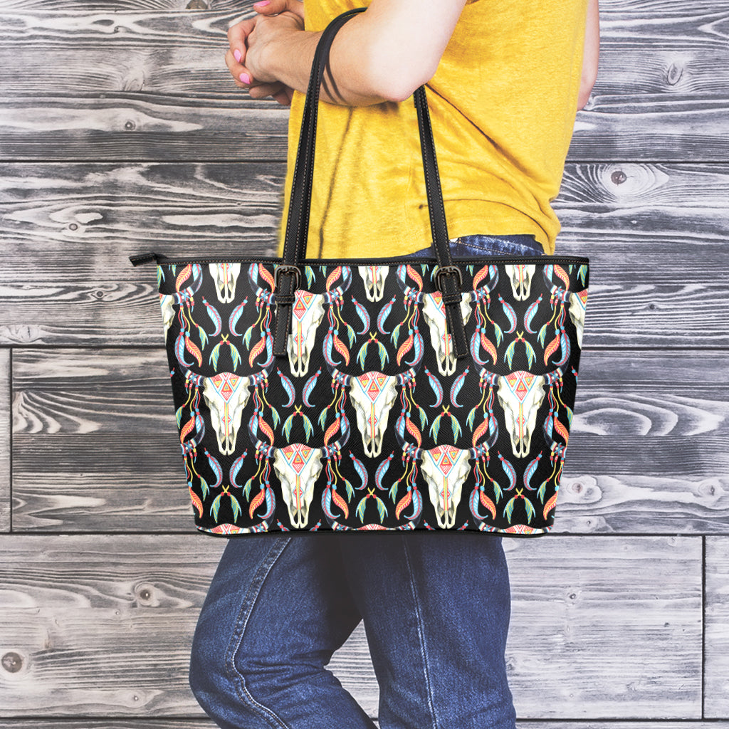 Native Buffalo Pattern Print Leather Tote Bag
