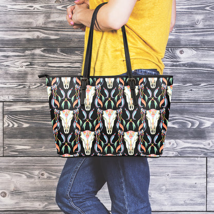 Native Buffalo Pattern Print Leather Tote Bag