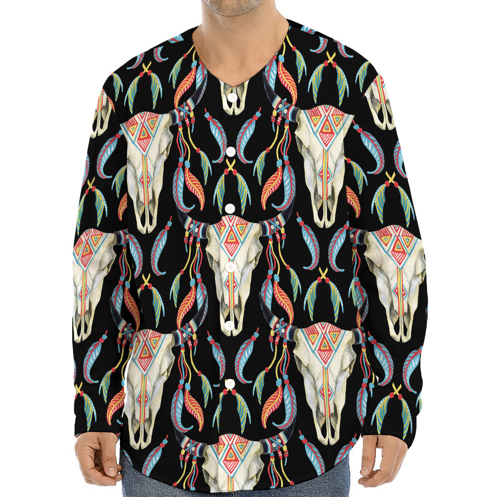 Native Buffalo Pattern Print Long Sleeve Baseball Jersey