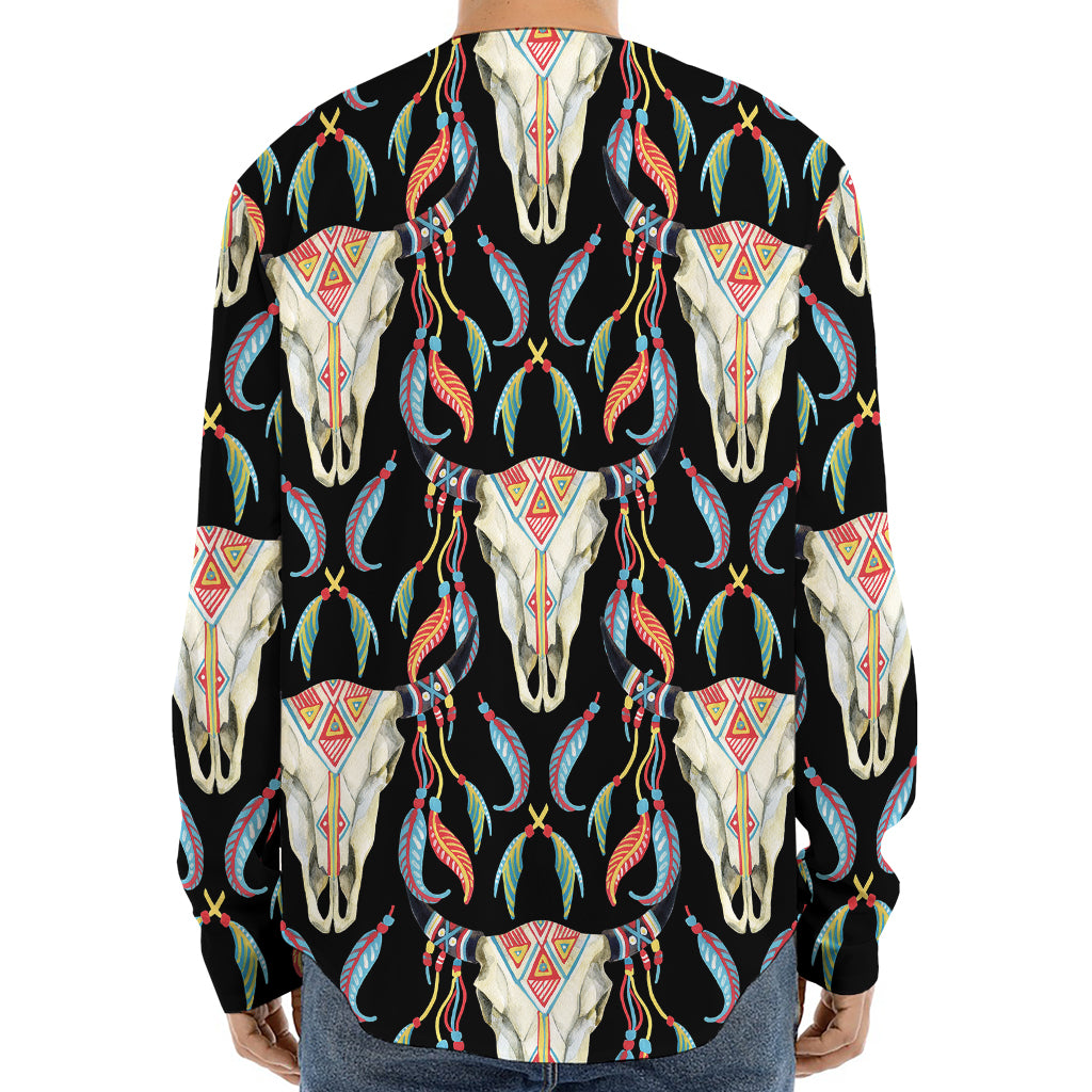 Native Buffalo Pattern Print Long Sleeve Baseball Jersey