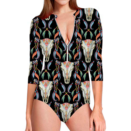 Native Buffalo Pattern Print Long Sleeve Swimsuit