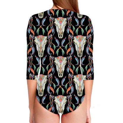 Native Buffalo Pattern Print Long Sleeve Swimsuit