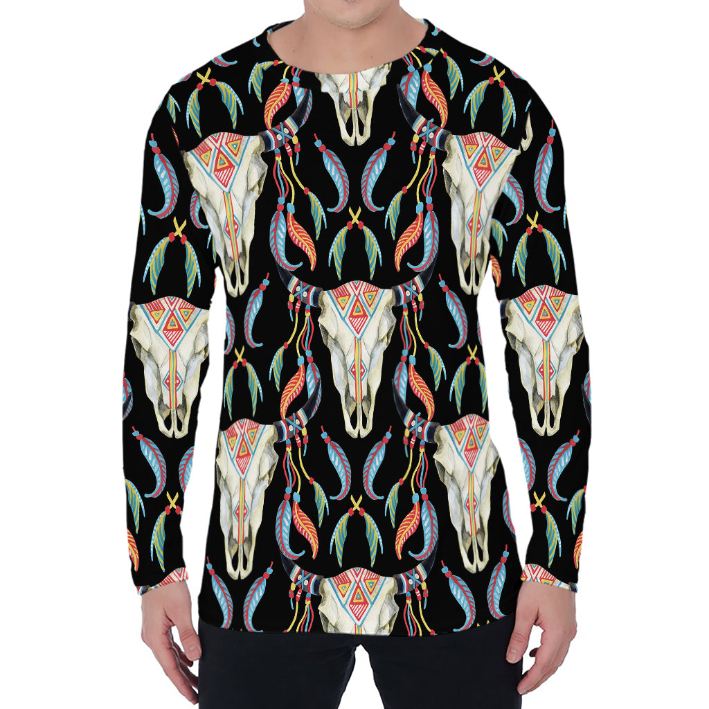 Native Buffalo Pattern Print Men's Long Sleeve T-Shirt