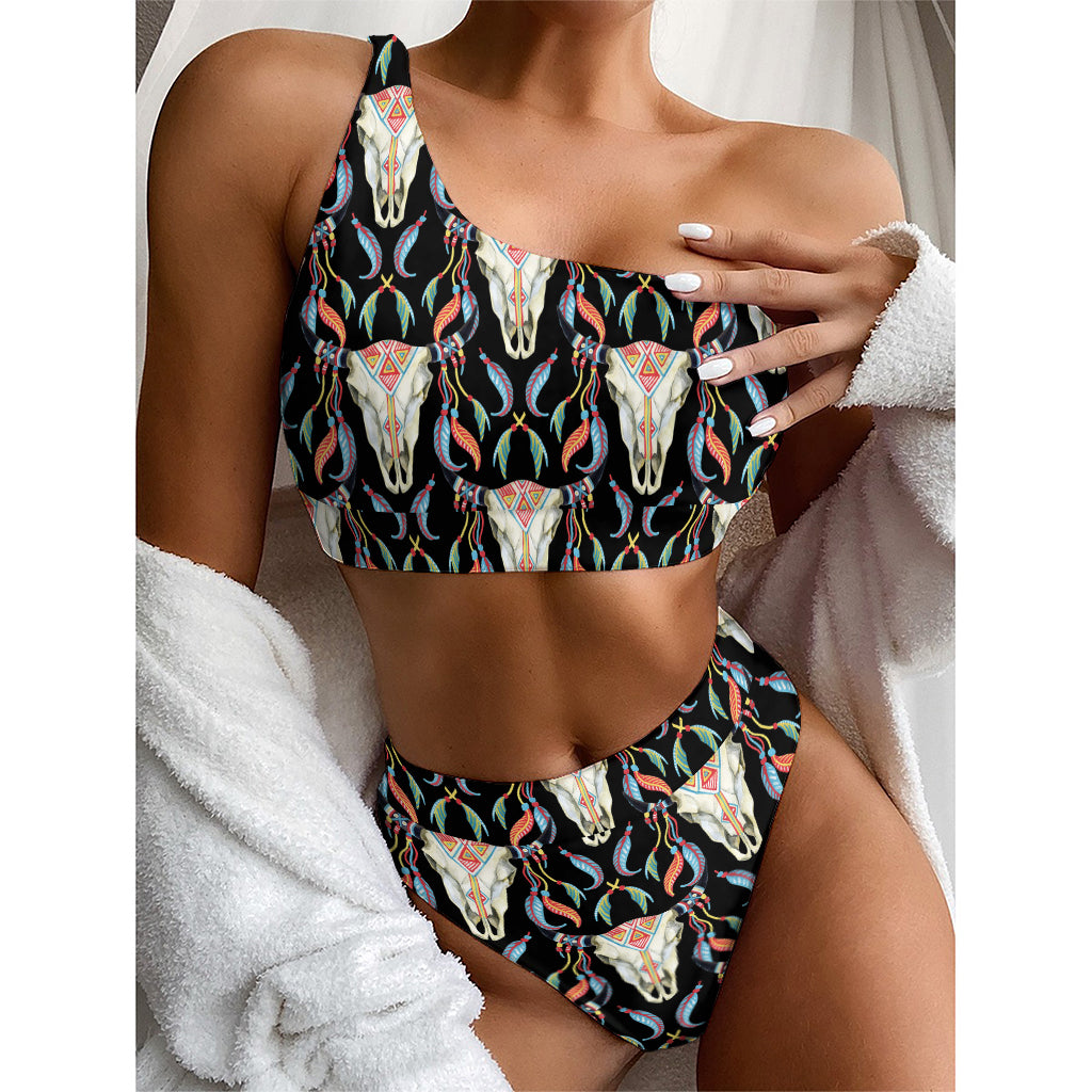 Native Buffalo Pattern Print One Shoulder Bikini Top