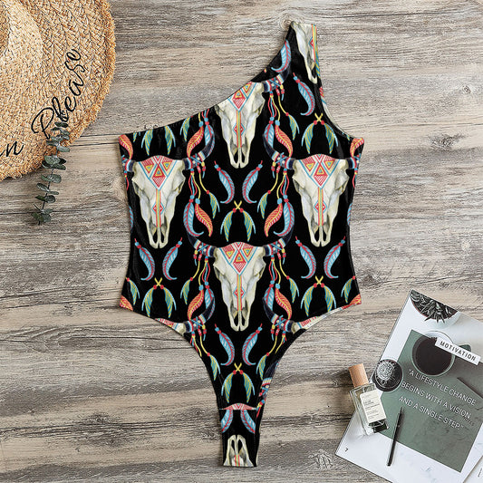 Native Buffalo Pattern Print One Shoulder Bodysuit