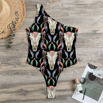 Native Buffalo Pattern Print One Shoulder Bodysuit