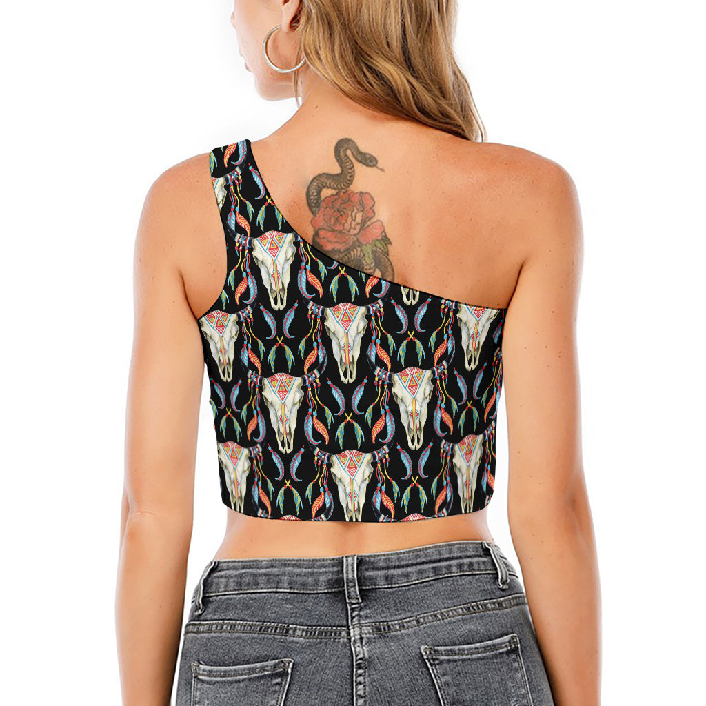 Native Buffalo Pattern Print One Shoulder Crop Top