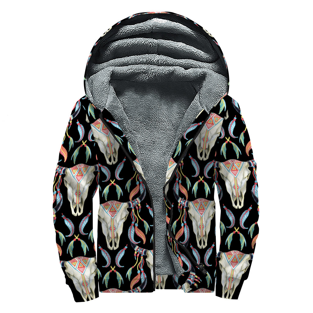 Native Buffalo Pattern Print Sherpa Lined Zip Up Hoodie