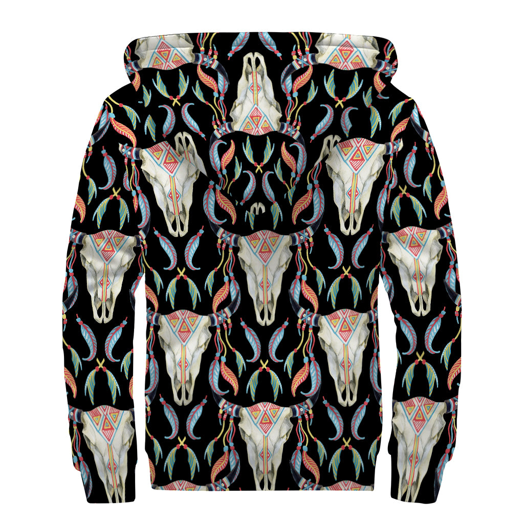 Native Buffalo Pattern Print Sherpa Lined Zip Up Hoodie