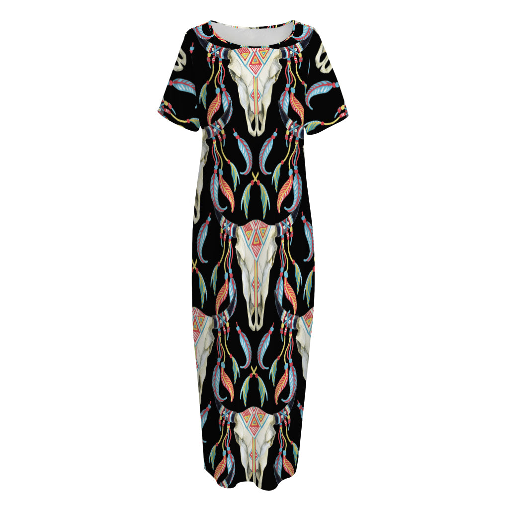 Native Buffalo Pattern Print Short Sleeve Long Nightdress