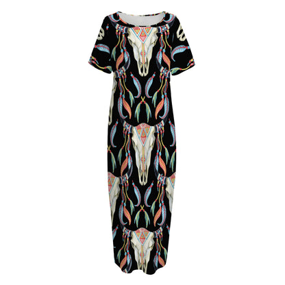 Native Buffalo Pattern Print Short Sleeve Long Nightdress