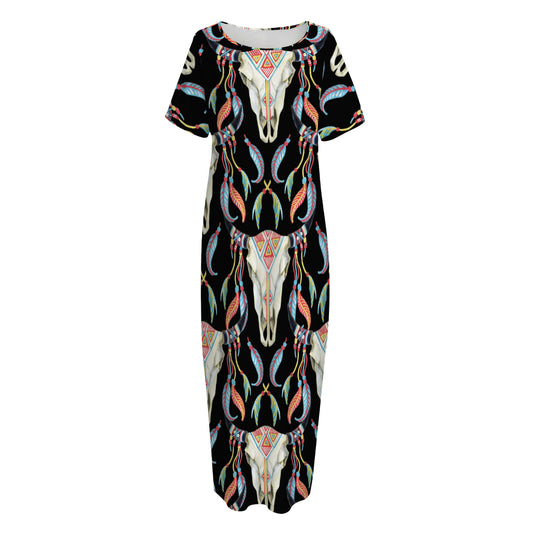 Native Buffalo Pattern Print Short Sleeve Long Nightdress