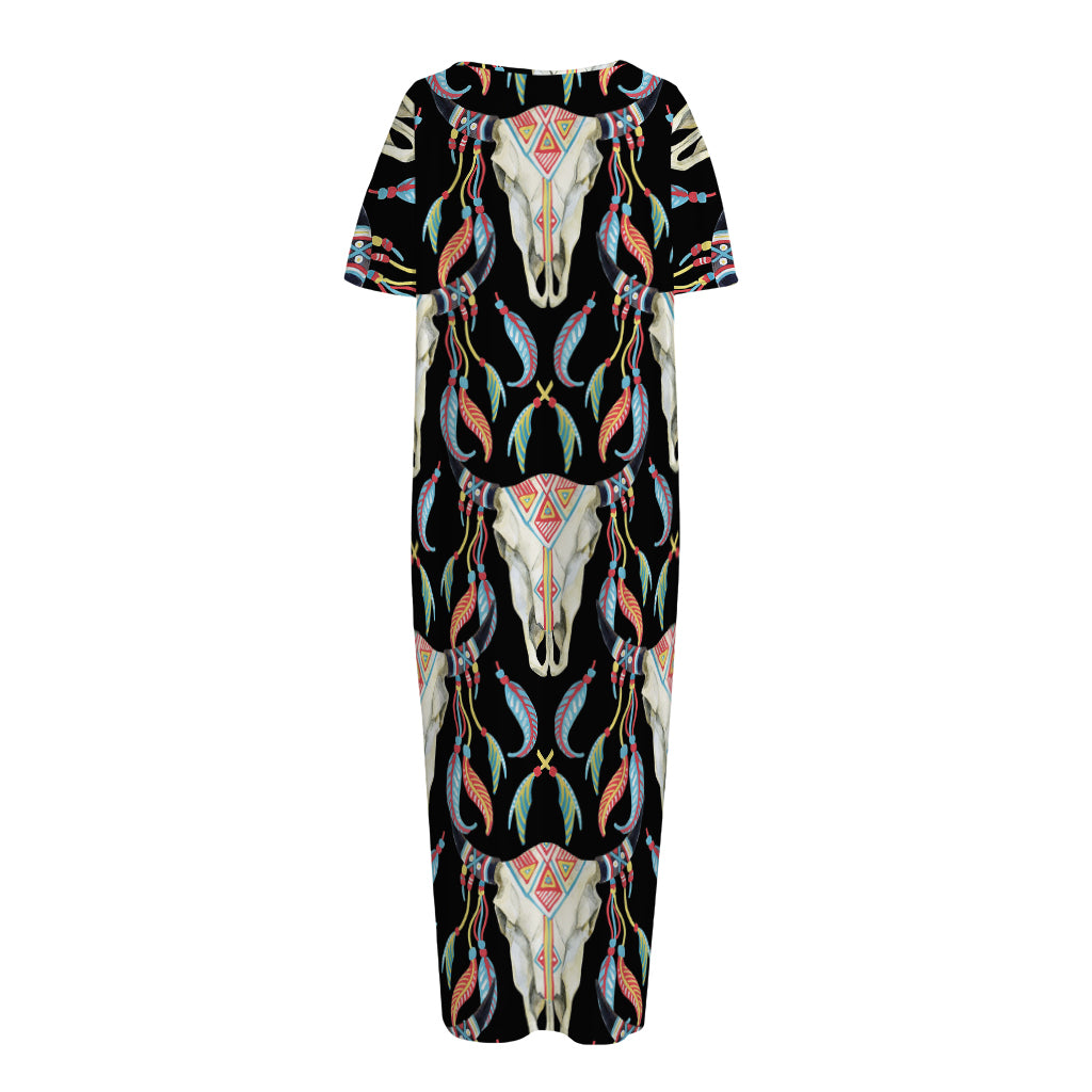Native Buffalo Pattern Print Short Sleeve Long Nightdress