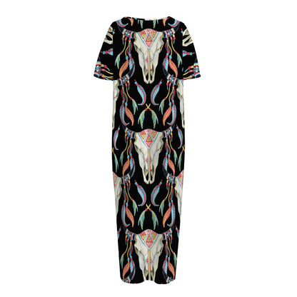 Native Buffalo Pattern Print Short Sleeve Long Nightdress