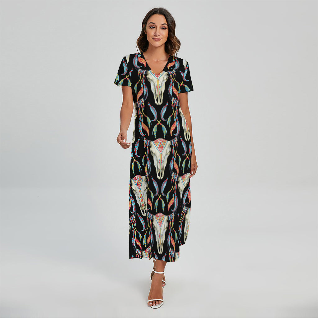 Native Buffalo Pattern Print Short Sleeve Maxi Dress