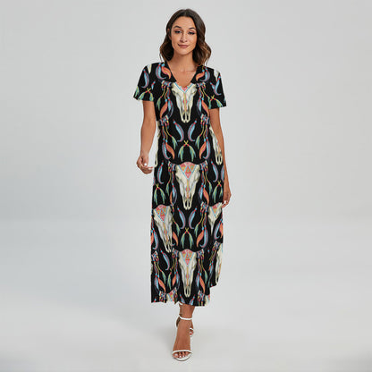 Native Buffalo Pattern Print Short Sleeve Maxi Dress
