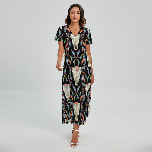 Native Buffalo Pattern Print Short Sleeve Maxi Dress