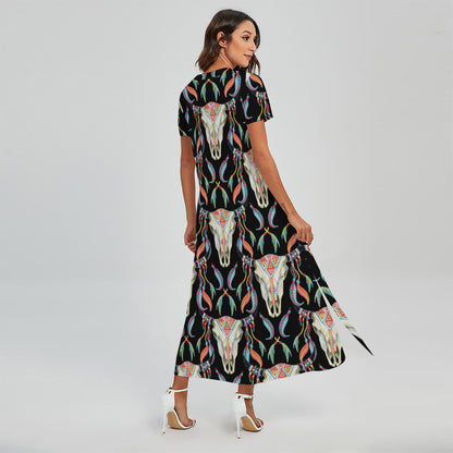 Native Buffalo Pattern Print Short Sleeve Maxi Dress