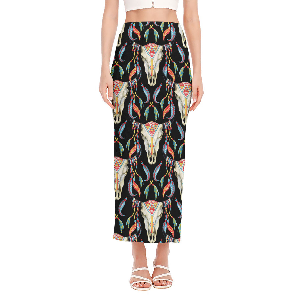 Native Buffalo Pattern Print Side Slit Maxi Skirt