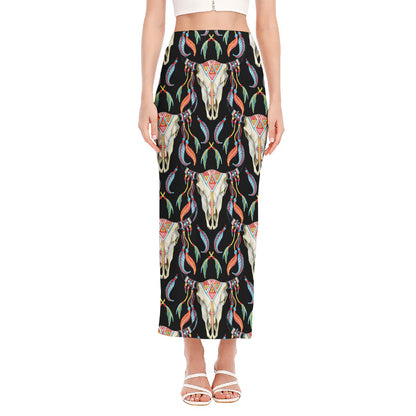 Native Buffalo Pattern Print Side Slit Maxi Skirt